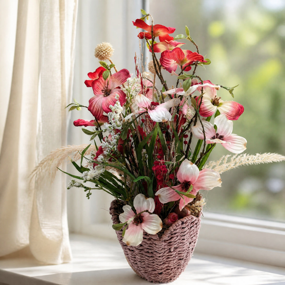 Szene Frühlingsgesteck Hartriegel Gräser Korb rosa weiß