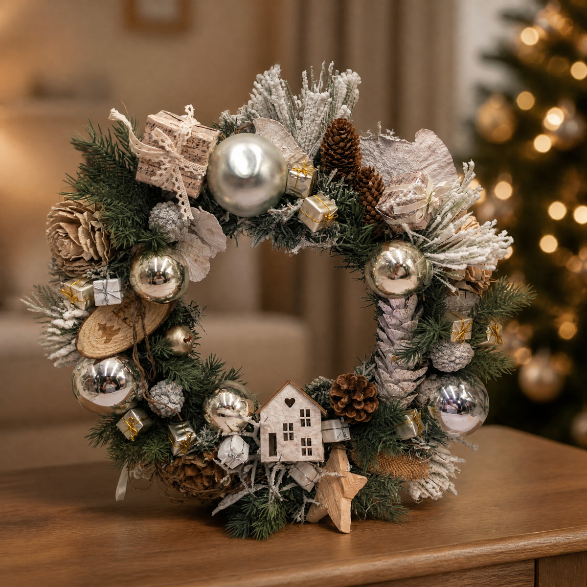Szene Weihnachtskranz Türkranz Kugeln Zapfen Haus creme silber