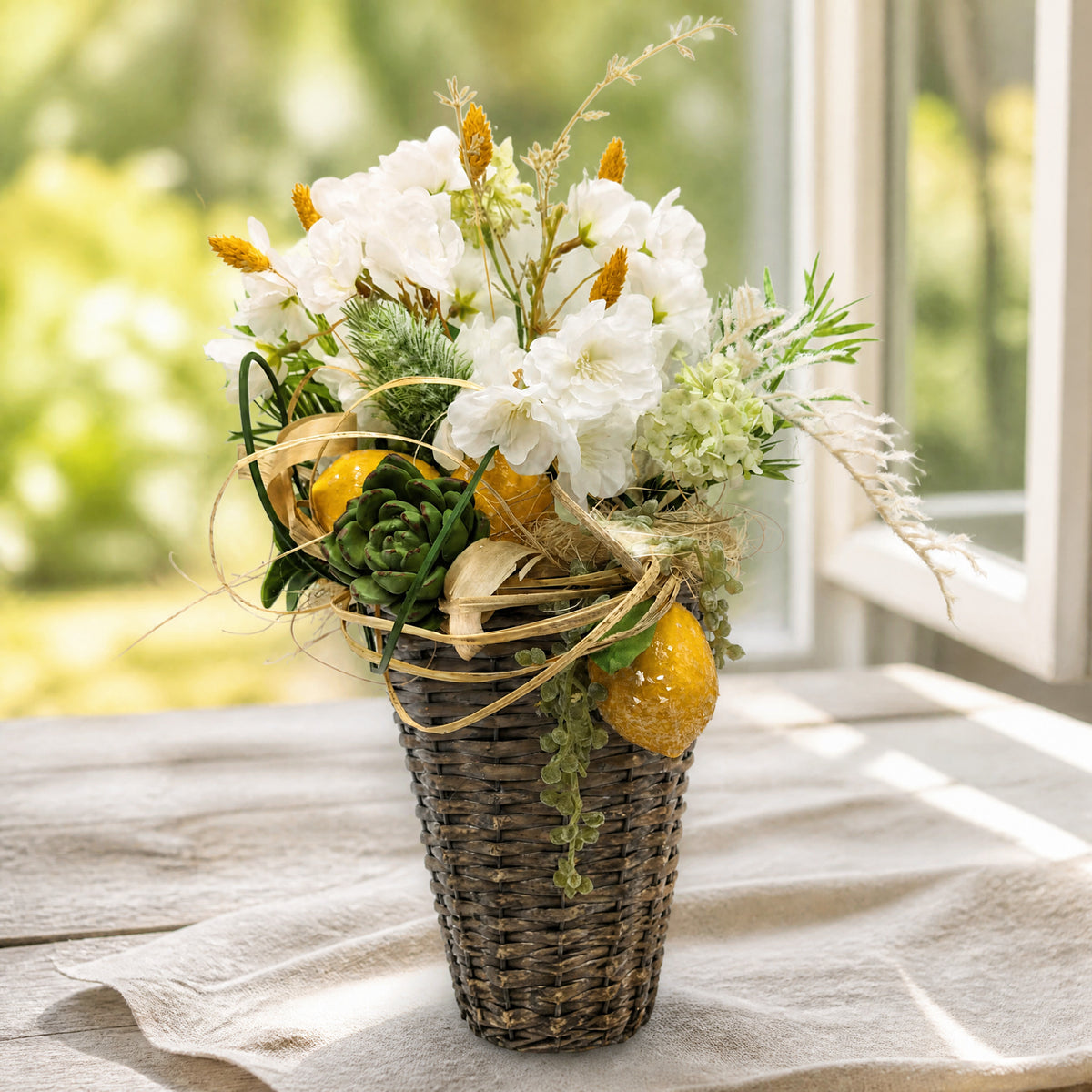 Szene Wandgesteck Sommer Kirschblüte Zitrone Gräser weiss gelb