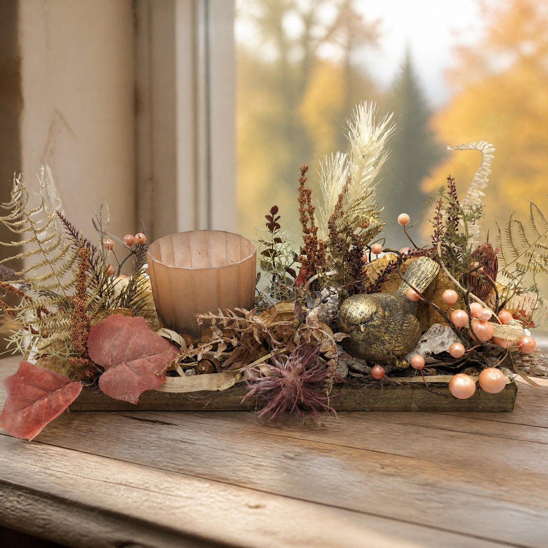 Szene Herbstgesteck Teelicht Vogel Beeren gold altrosa