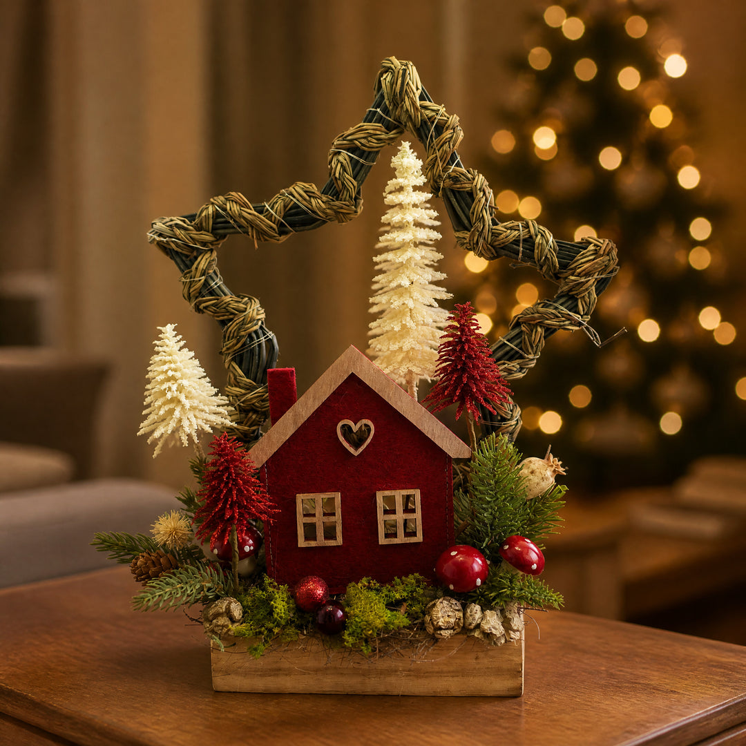 Szene Wintergesteck Weihnachtsgesteck Stern Haus Tannen Pilze rot