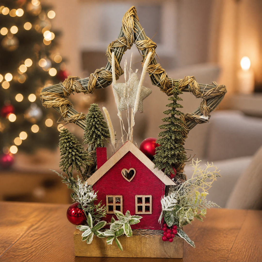 Szene Wintergesteck Weihnachtsgesteck LED Stern Haus Tannen rot grün