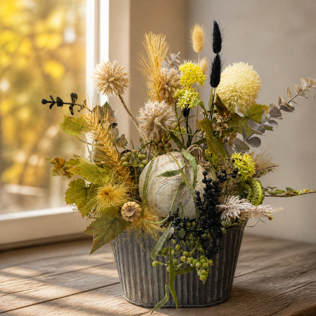 Szene Herbstgesteck Kürbis Gräser Eukalyptus creme schwarz