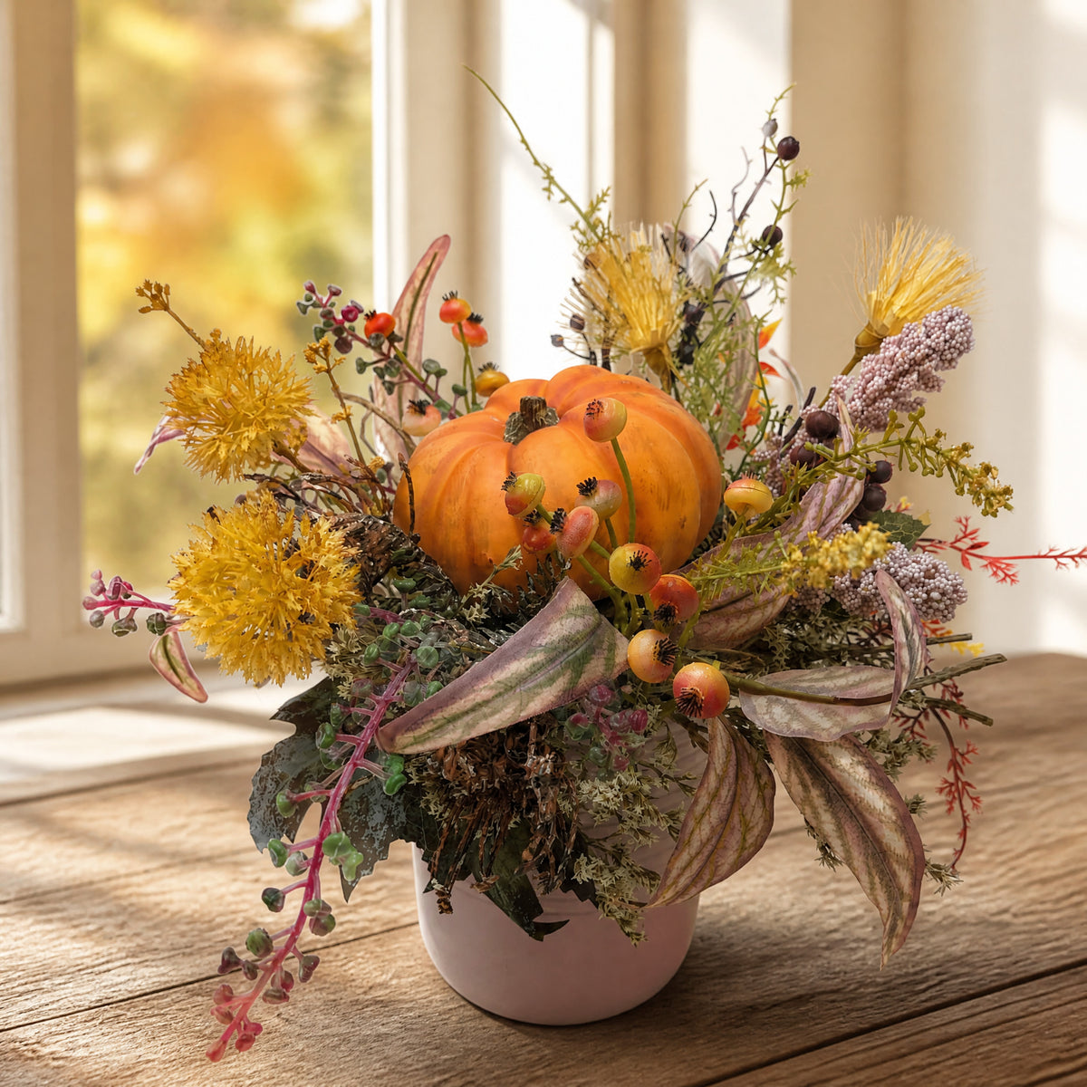 Szene Herbstgesteck Kürbis Beeren Blüten orange gelb rosenholz