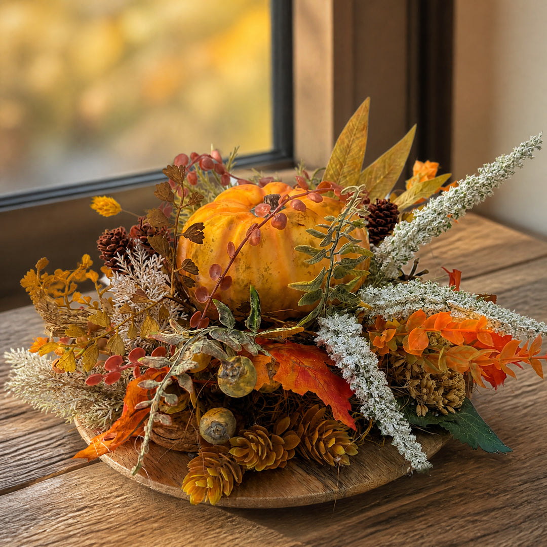 Szene Herbstgesteck Kürbis Zapfen Blätter orange braun