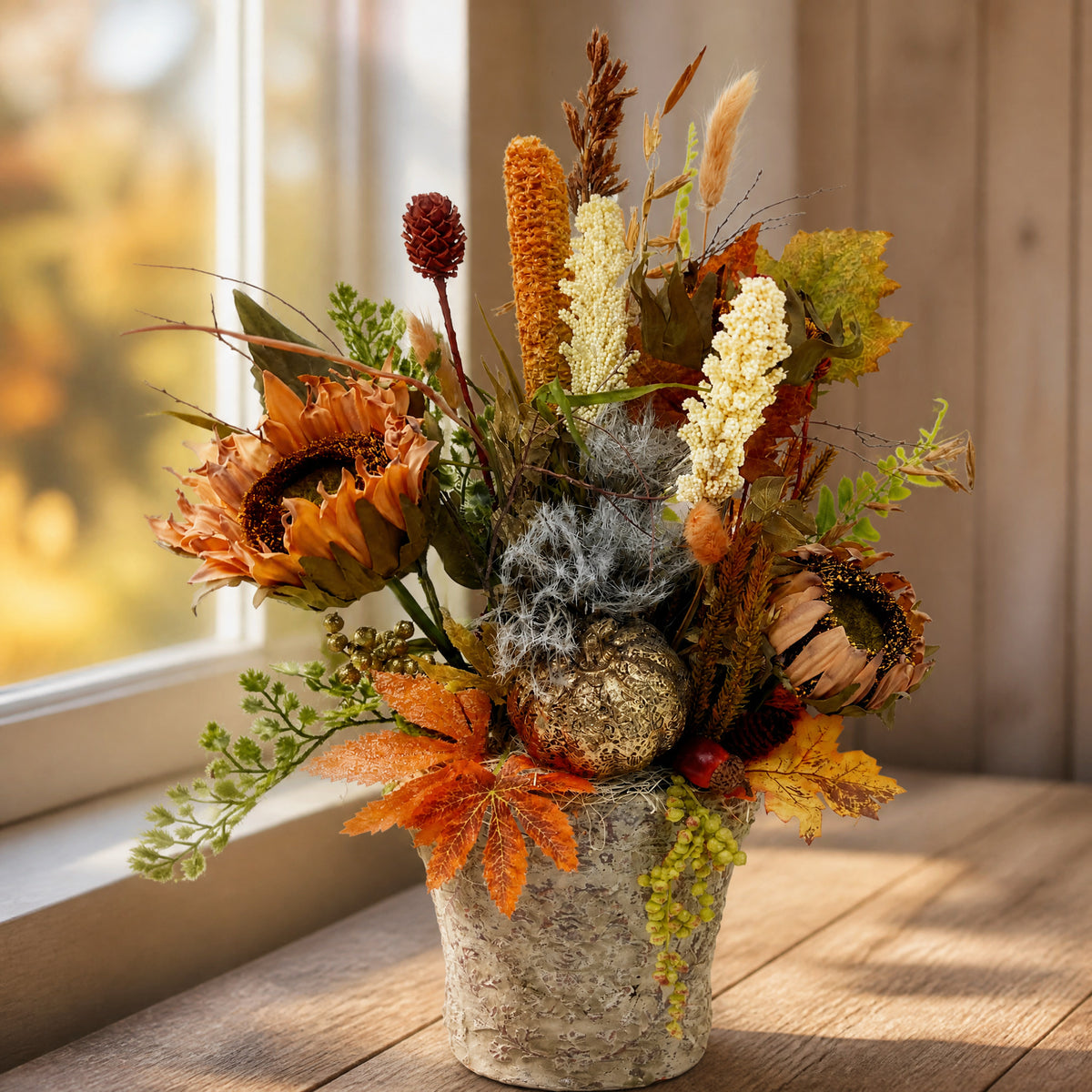 Szene Herbstgesteck Sonnenblumen Kürbis Gräser gold orange