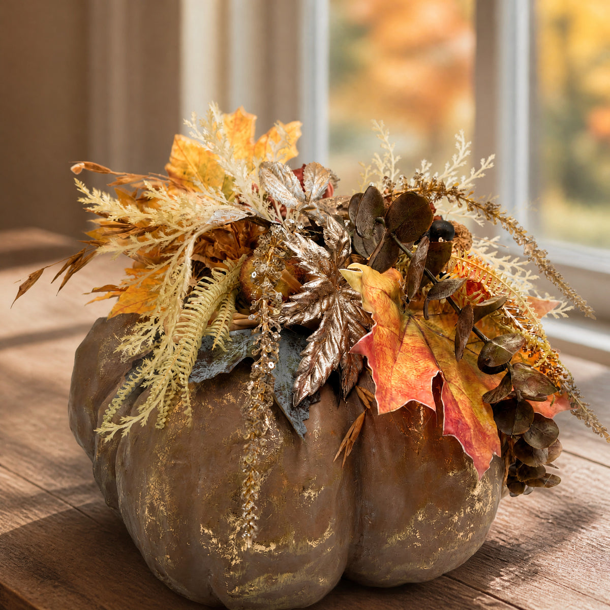 Szene Herbstgesteck Kürbis Ahornblätter Gräser gold orange braun