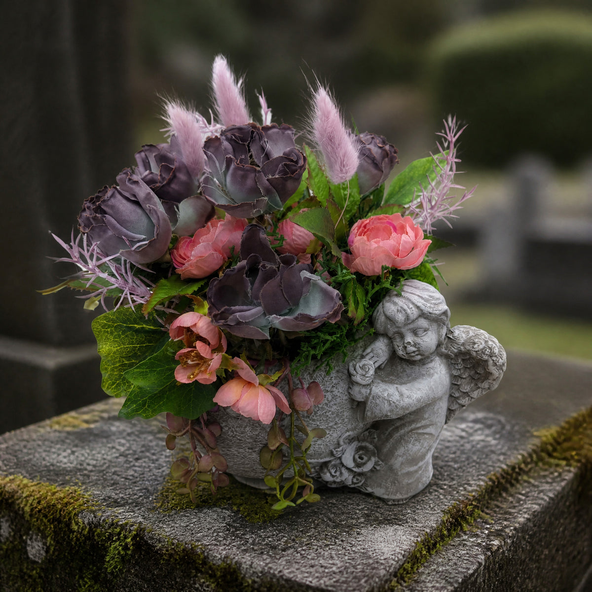 Szene Trauergesteck Engel Rosen Eukalyptus lila rosa