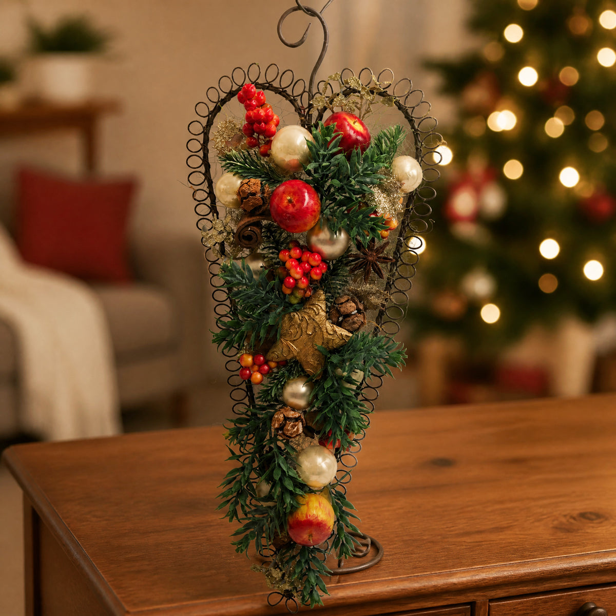 Szene Wandschmuck Herz Wintergesteck Äpfel Beeren Stern Zapfen rot grün