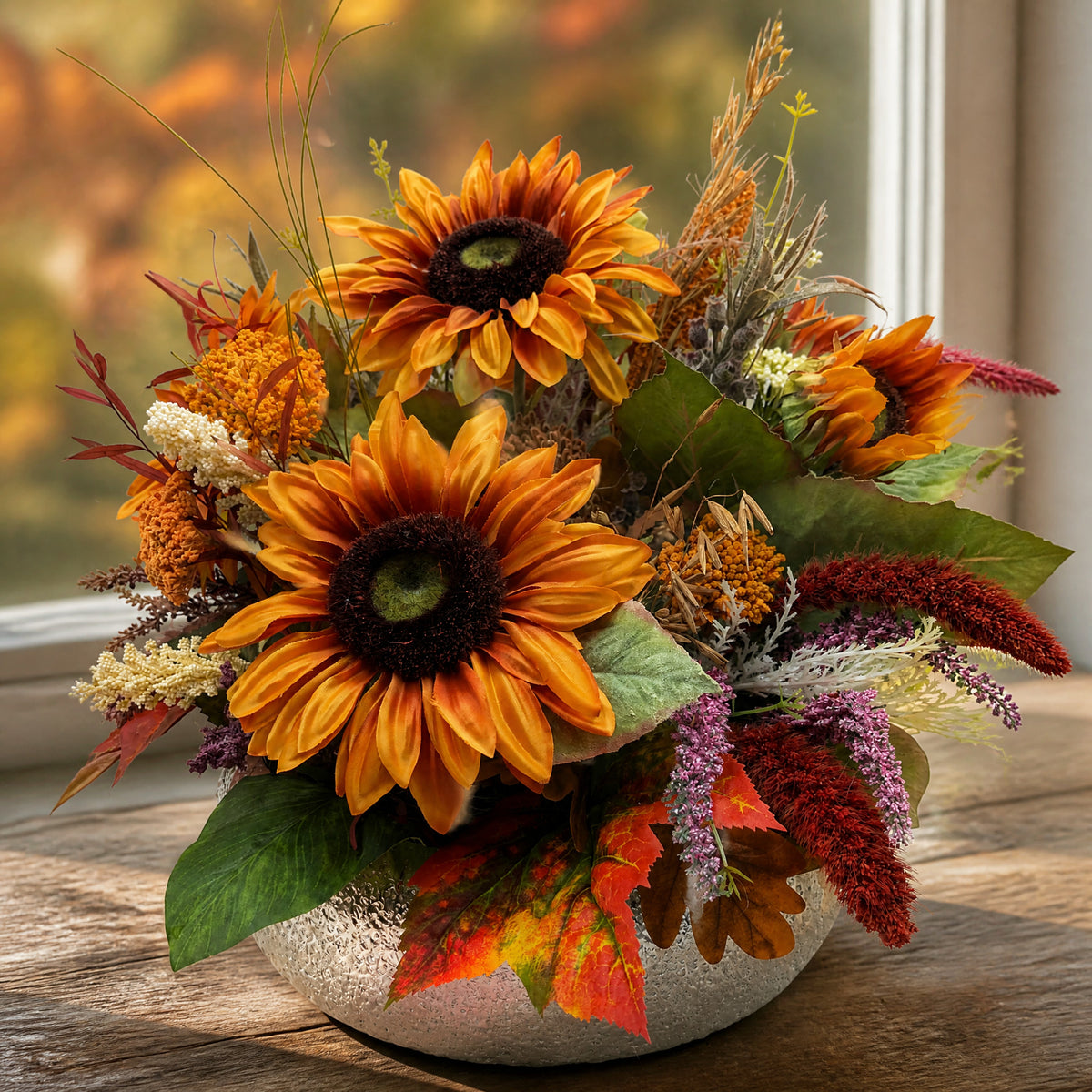 Szene Herbstrgesteck XXL Sonnenblumen Gräser Ähren orange lila