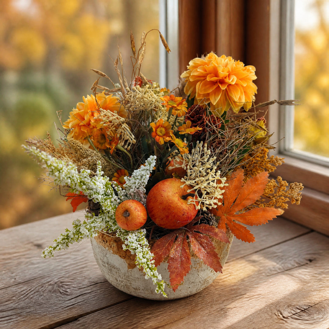 Szene Herbstgesteck Dahlien Gräser Äpfel Blätter orange creme