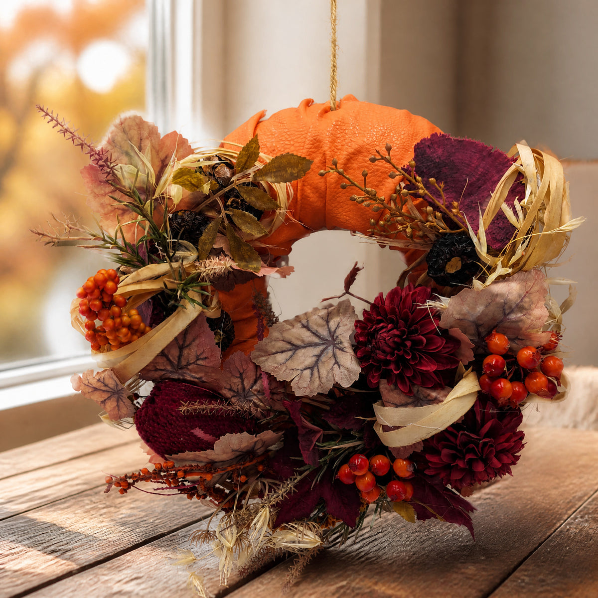 Szene Türkranz Herbst Kürbis Dahlien Beeren Laub orange rot