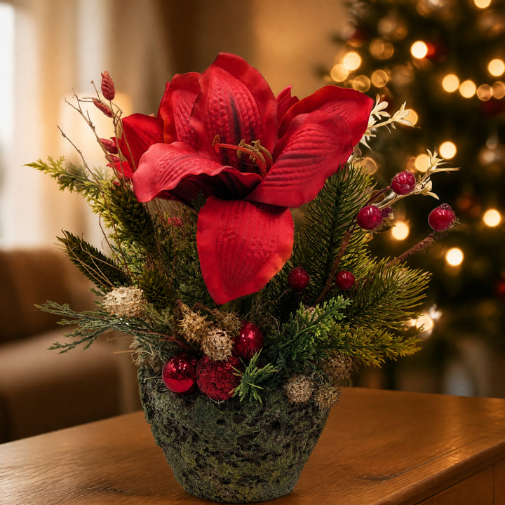 Szene Weihnachtsgesteck Amaryllis Beeren Tannengrün rot grün