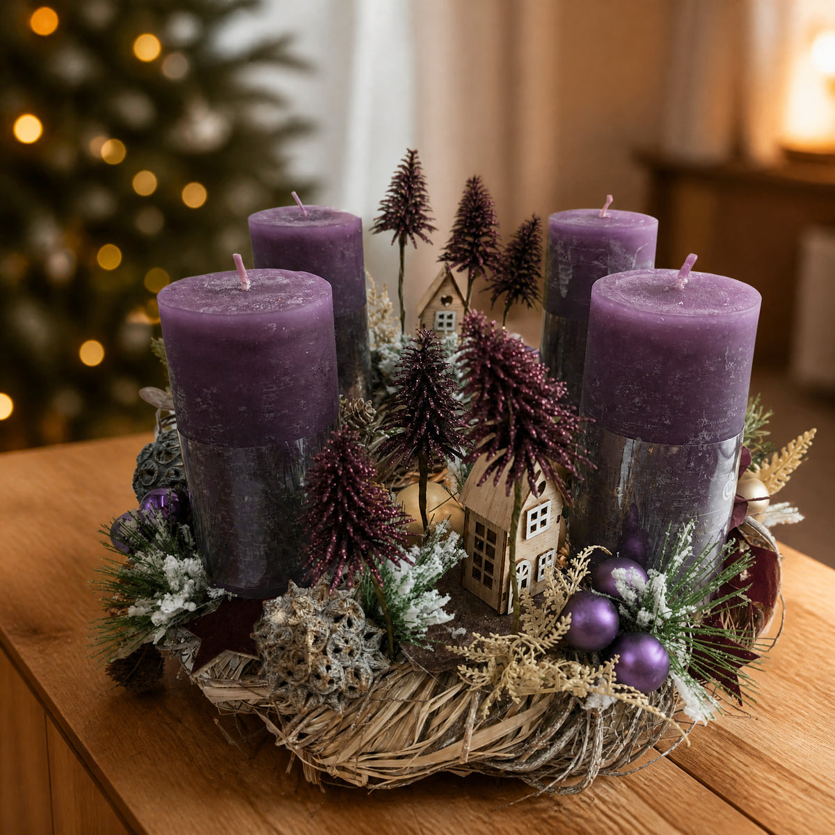 Szene Adventskranz Häuser Bäume Sterne lila bordeaux