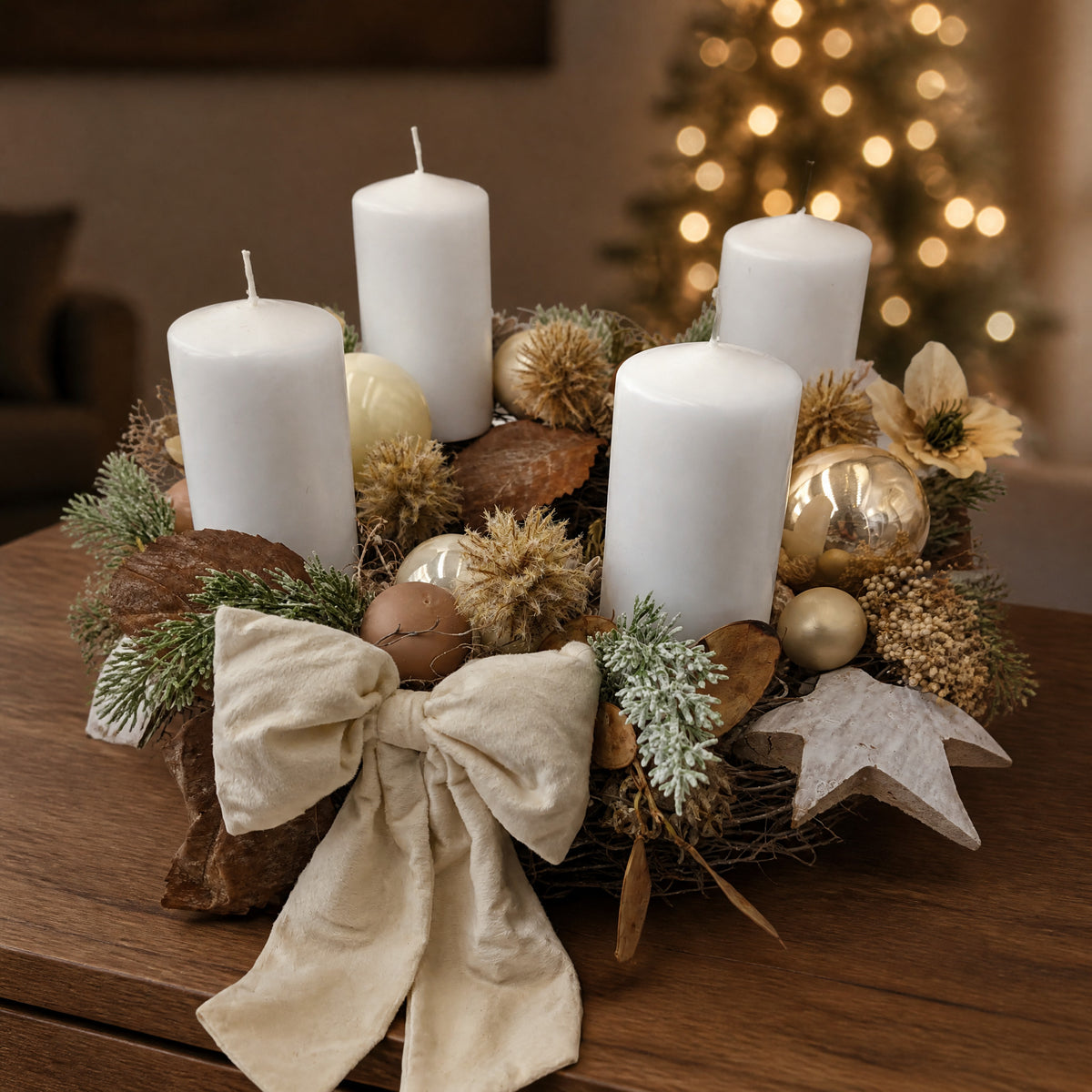 Szene Adventskranz Christrosen Blätter Samtschleife weiss creme gold