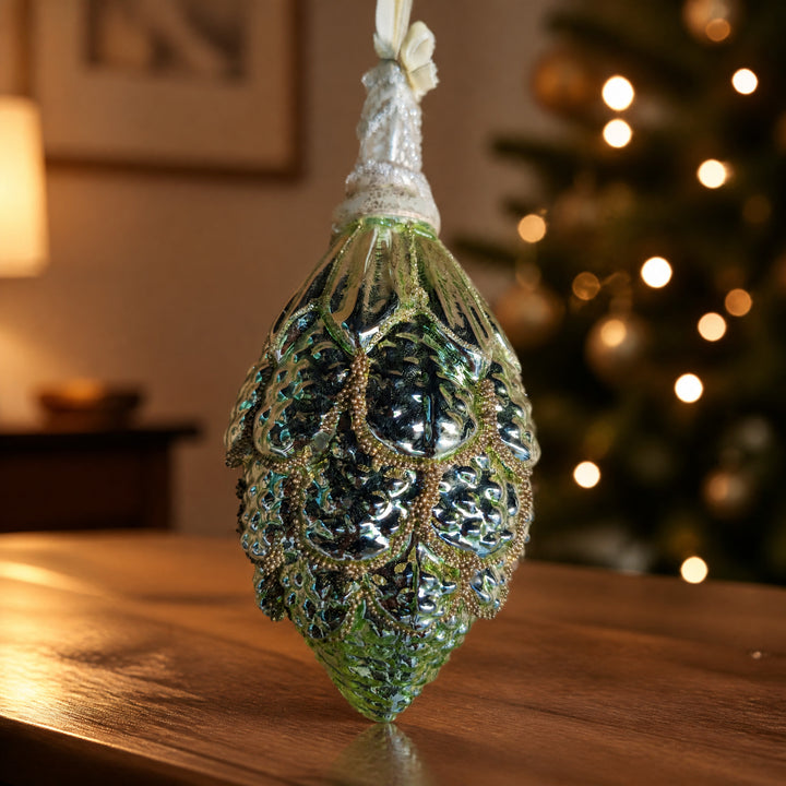 Szene Weihnachtskugel Zapfen Glas grün silber gold 18 cm