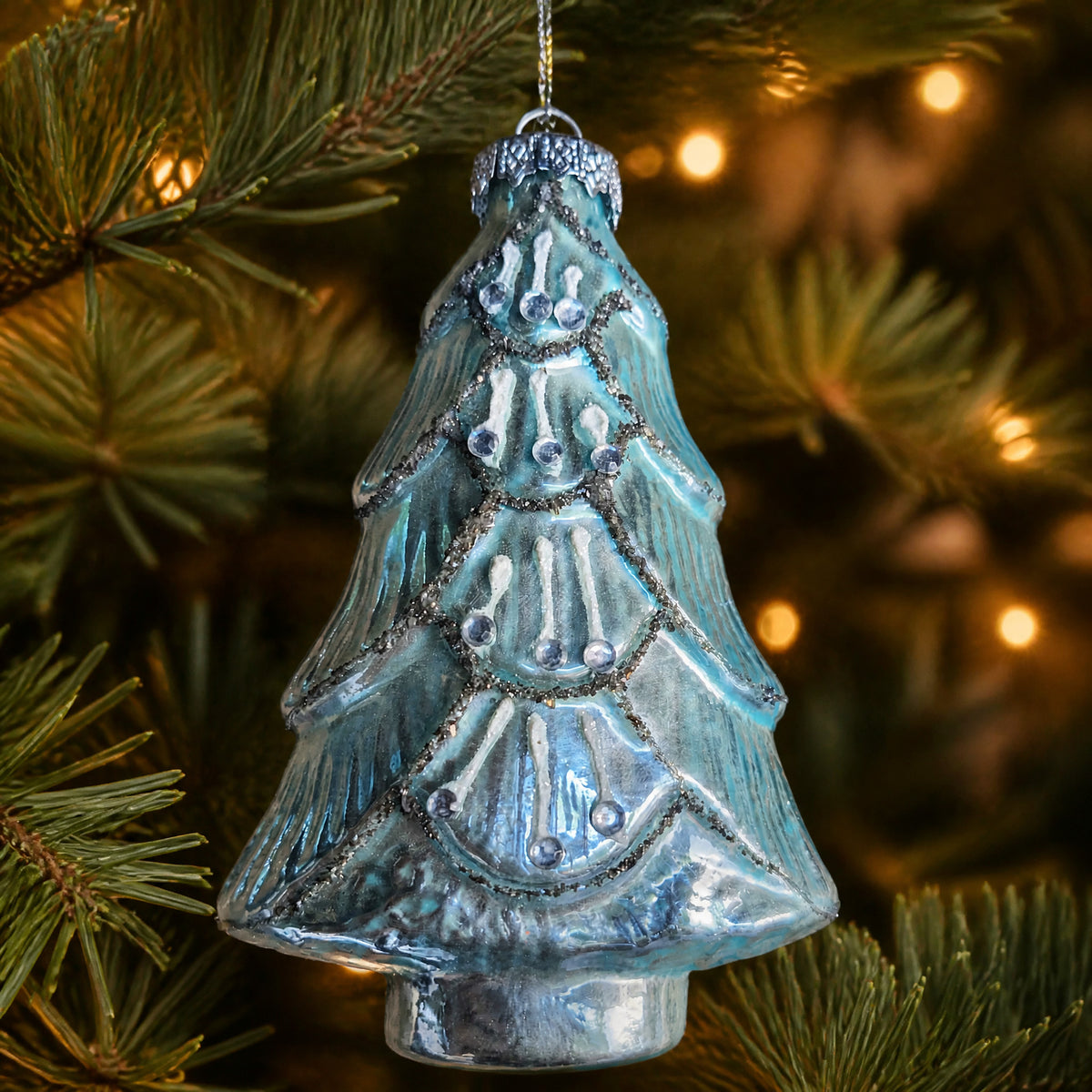 Szene Weihnachtskugel Tannenbaum türkis silber 12 cm