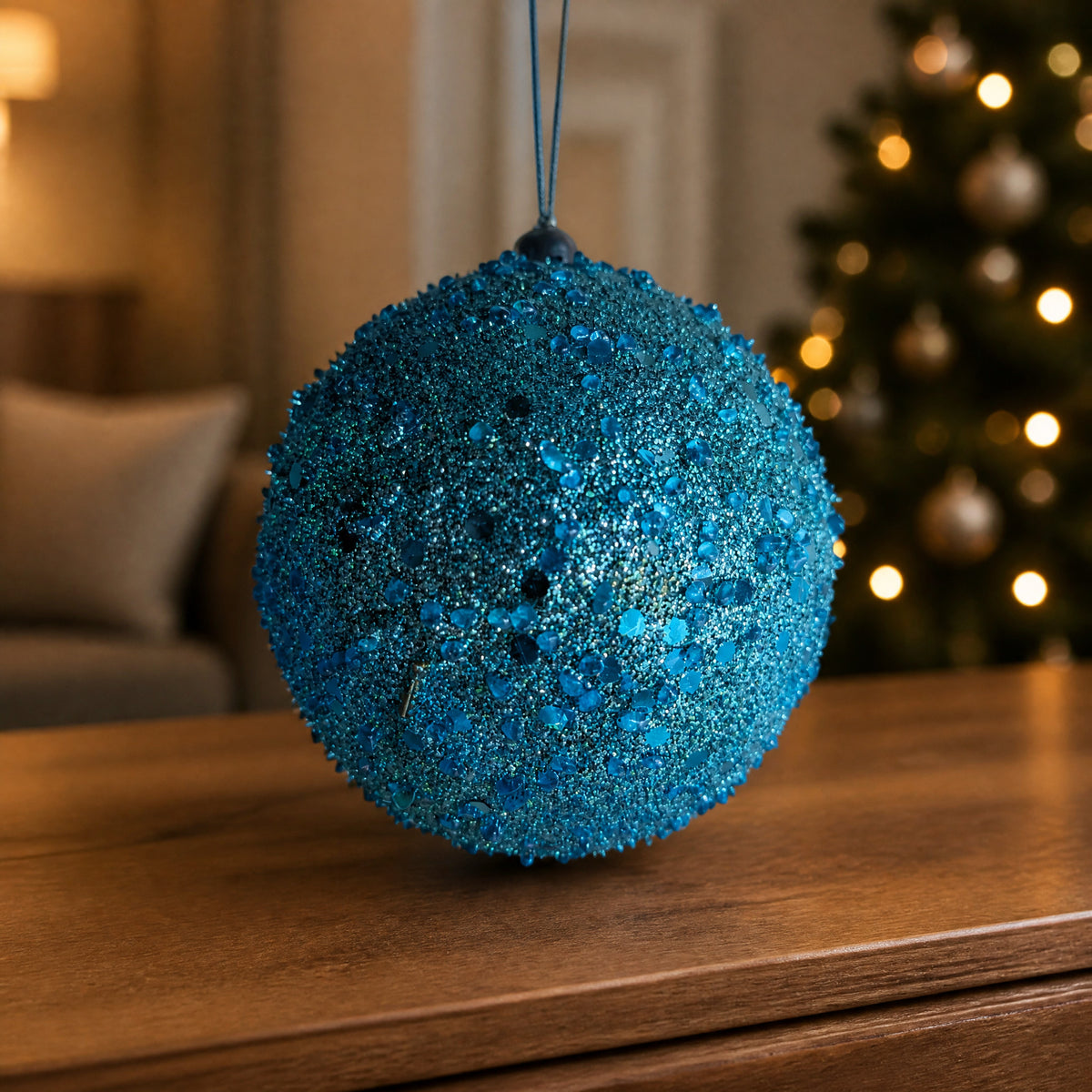 Szene Weihnachtskugel türkis Glitzer Christbaumschmuck modern
