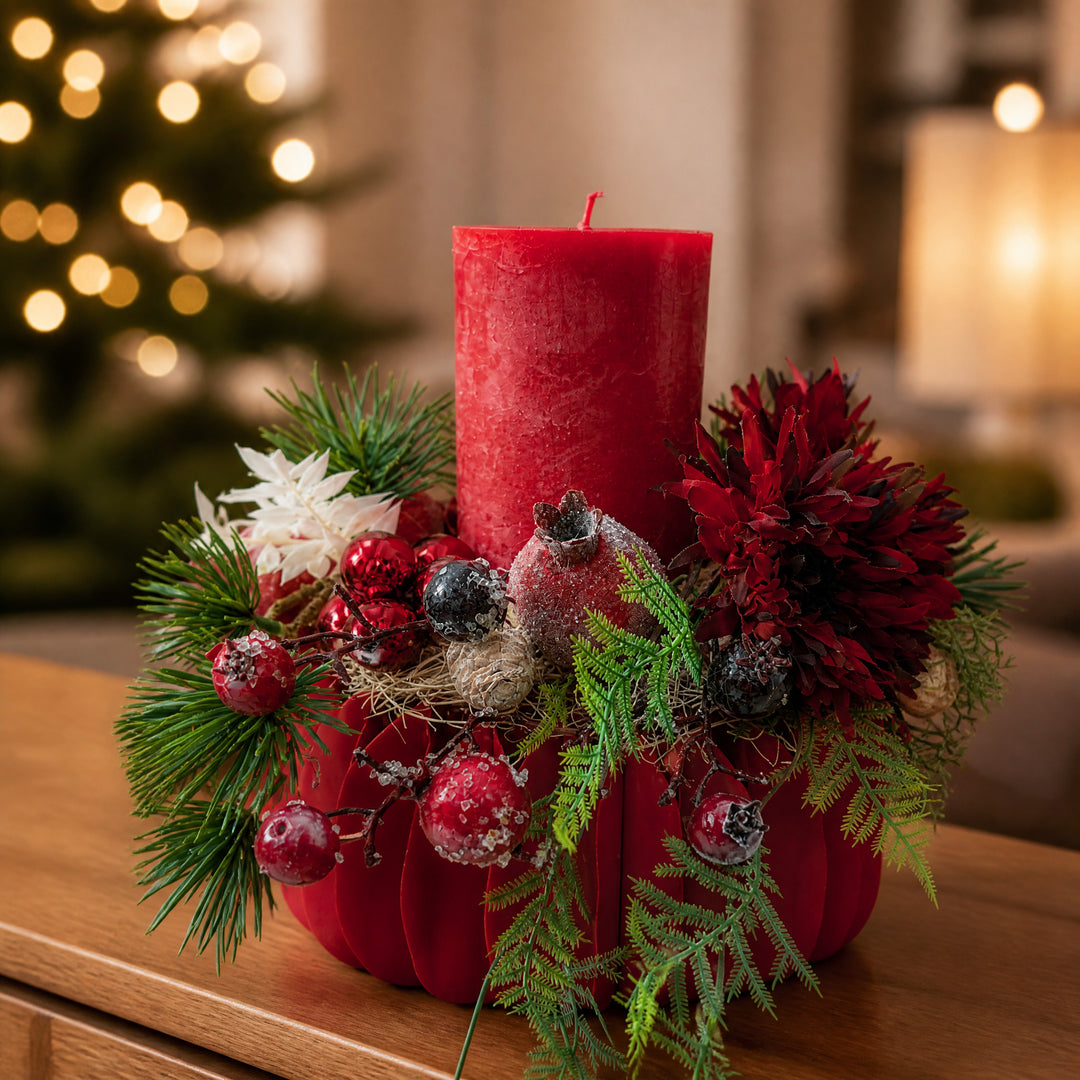 Szene Weihnachtsgesteck Kerze Granatapfel Beeren Zapfen rot grün