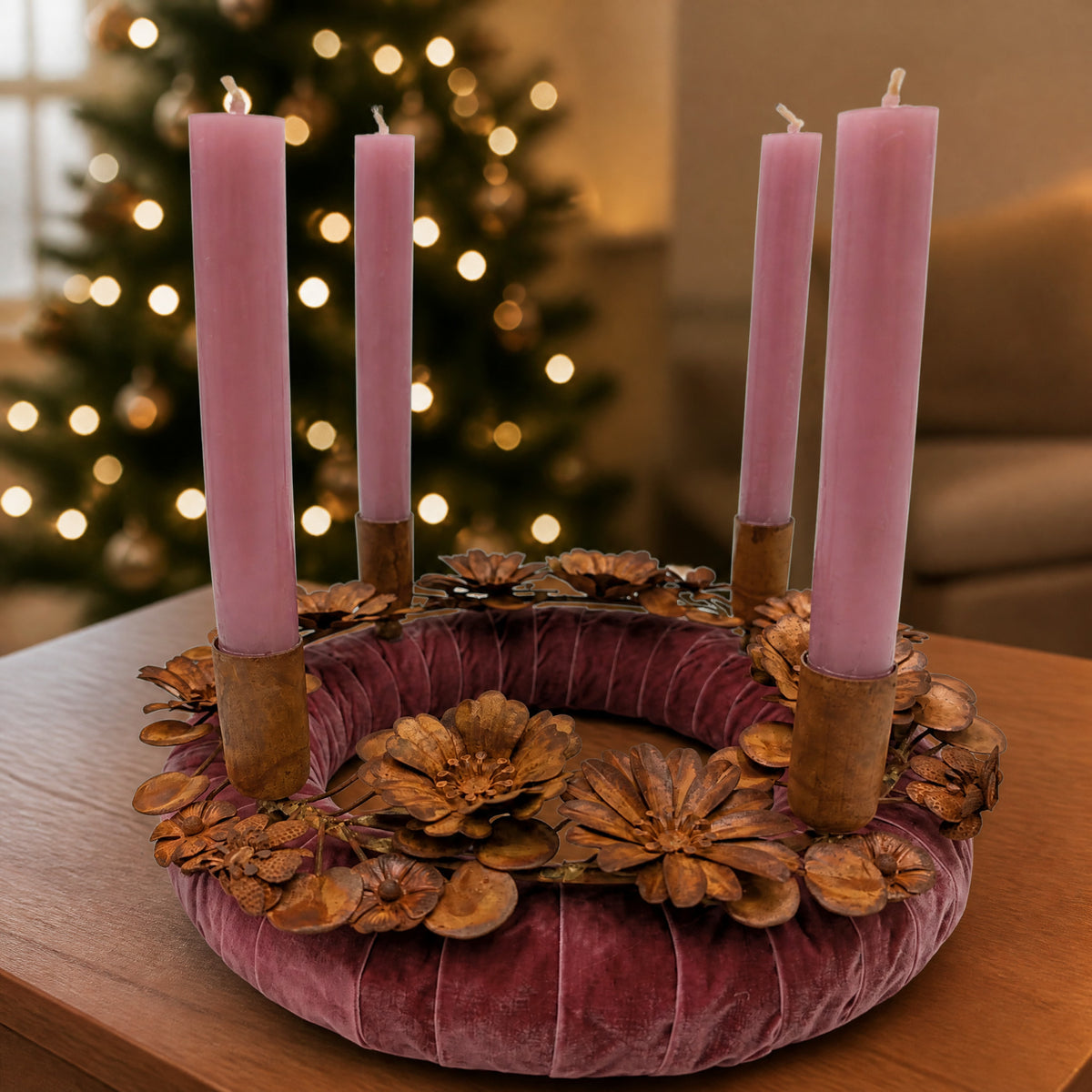 Szene Adventskranz Metallkranz Samt Rost Blüten altrosa rosa