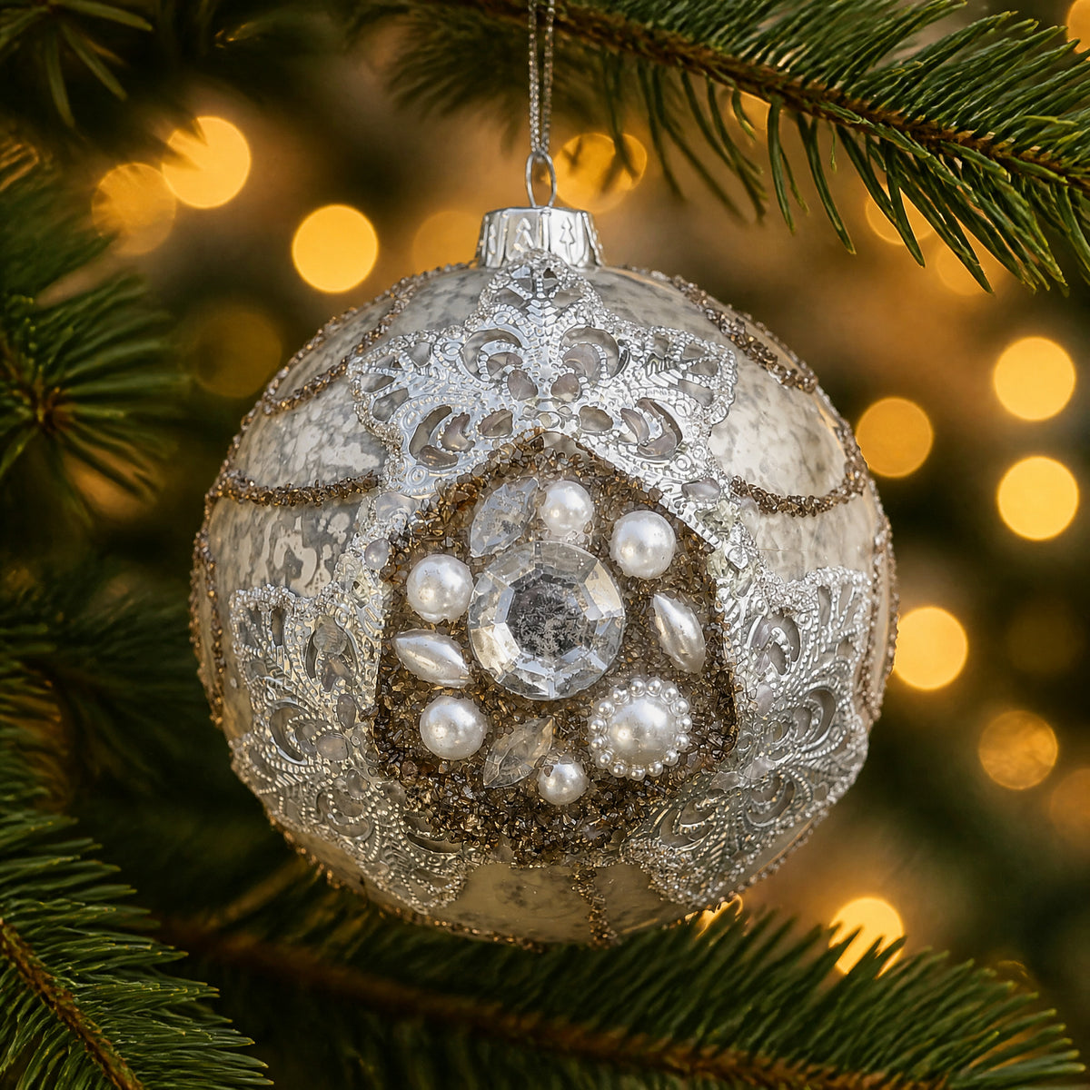 Szene Christbaumkugel Perlen Strass Ornament silber creme Ø 10 cm