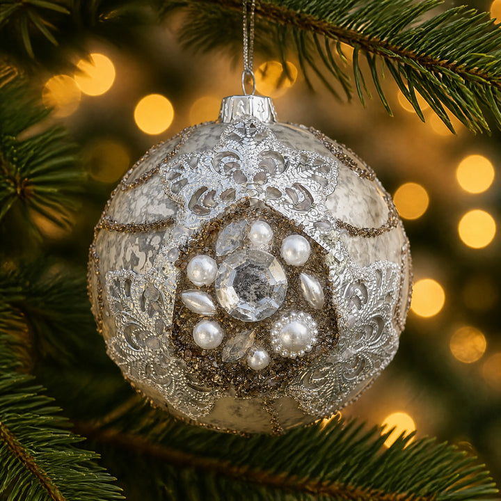 Szene Christbaumkugel Perlen Strass Ornament silber creme Ø 10 cm