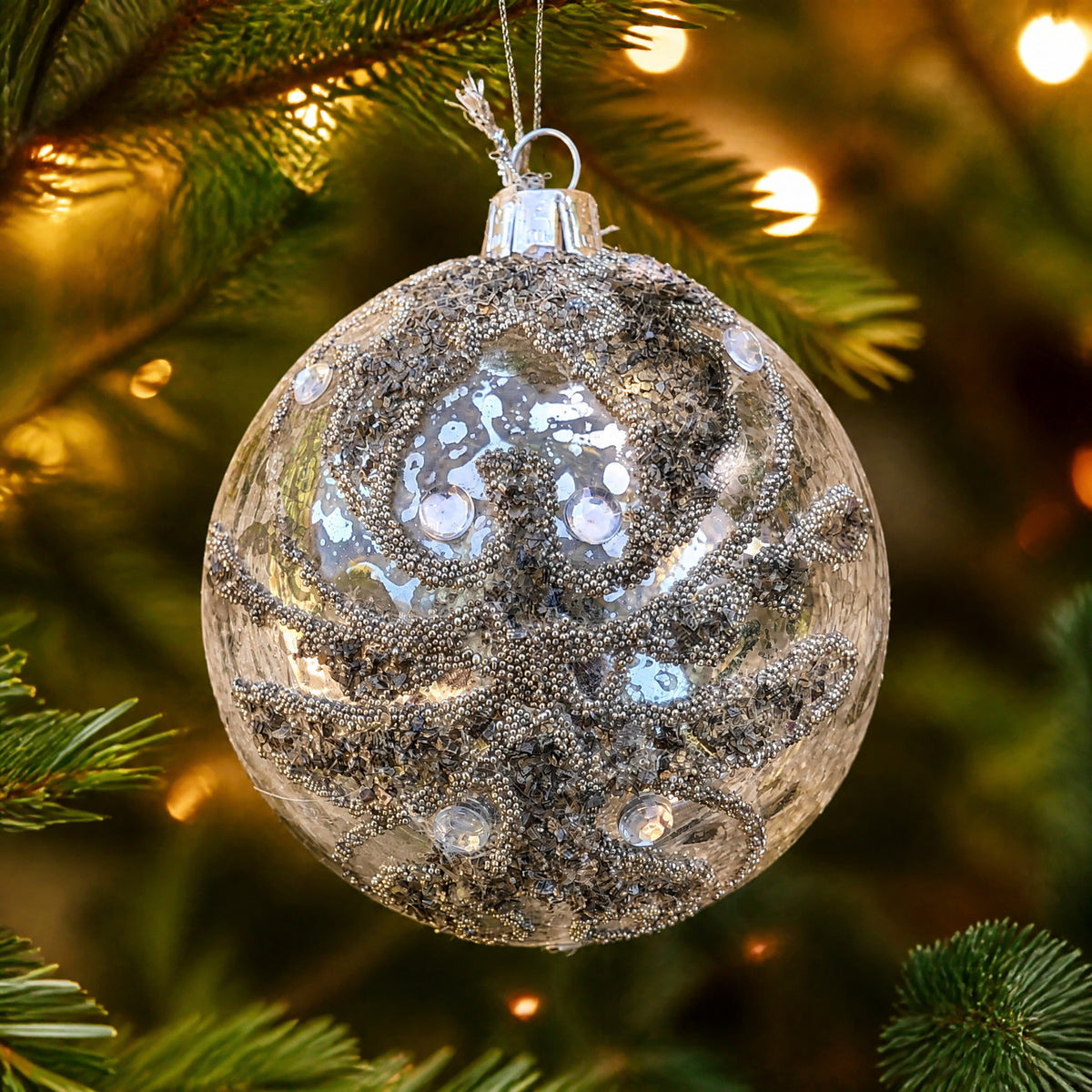 Szene Christbaumkugel klar Perlen Strass Sternmuster silber Ø 8 cm