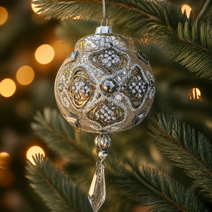 Szene Christbaumkugel Glas Ornament silber gold mit Kristallanhänger 8 cm