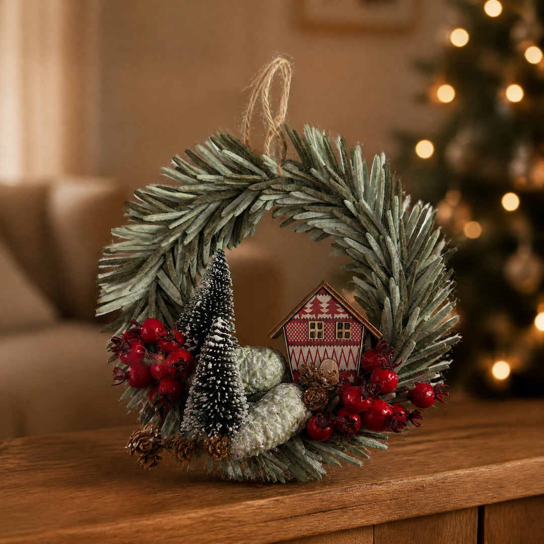 Szene Weihnachtskranz Holzhaus Tannenbäumchen Beeren rot grün