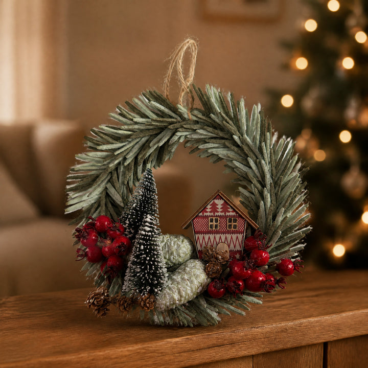 Szene Weihnachtskranz Holzhaus Tannenbäumchen Beeren rot grün