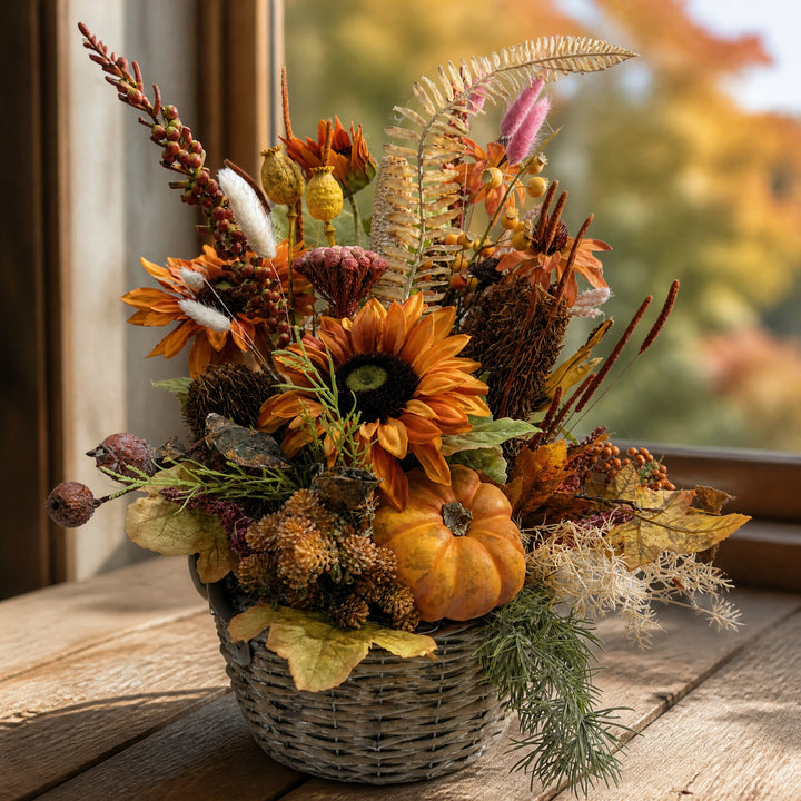 Szene Herbstgesteck Sonnenblumen Kürbis Beeren orange braun im Korb