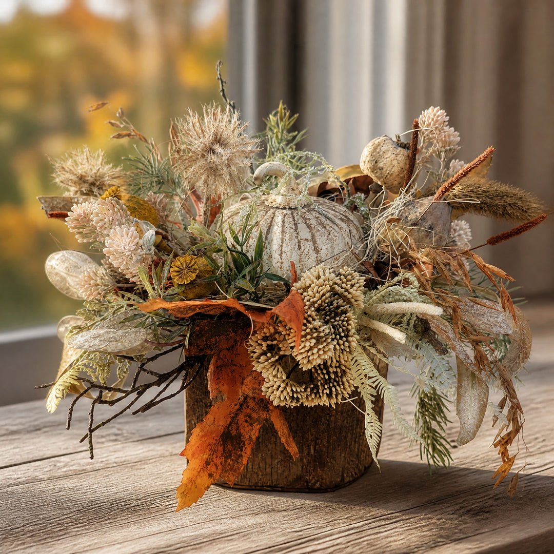 Szene Herbstgesteck Kürbis Gräser Herbstlaub creme rost