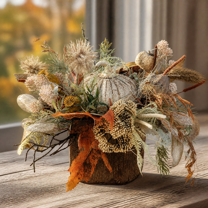 Szene Herbstgesteck Kürbis Gräser Herbstlaub creme rost