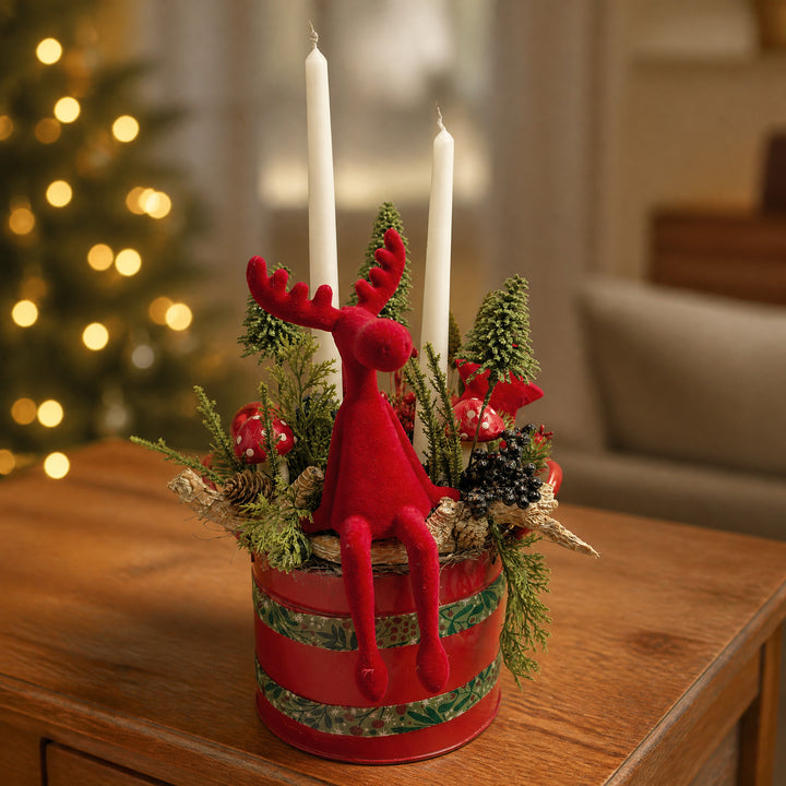 Szene Weihnachtsgesteck Elch Fliegenpilze Tannenbäume rot weiß