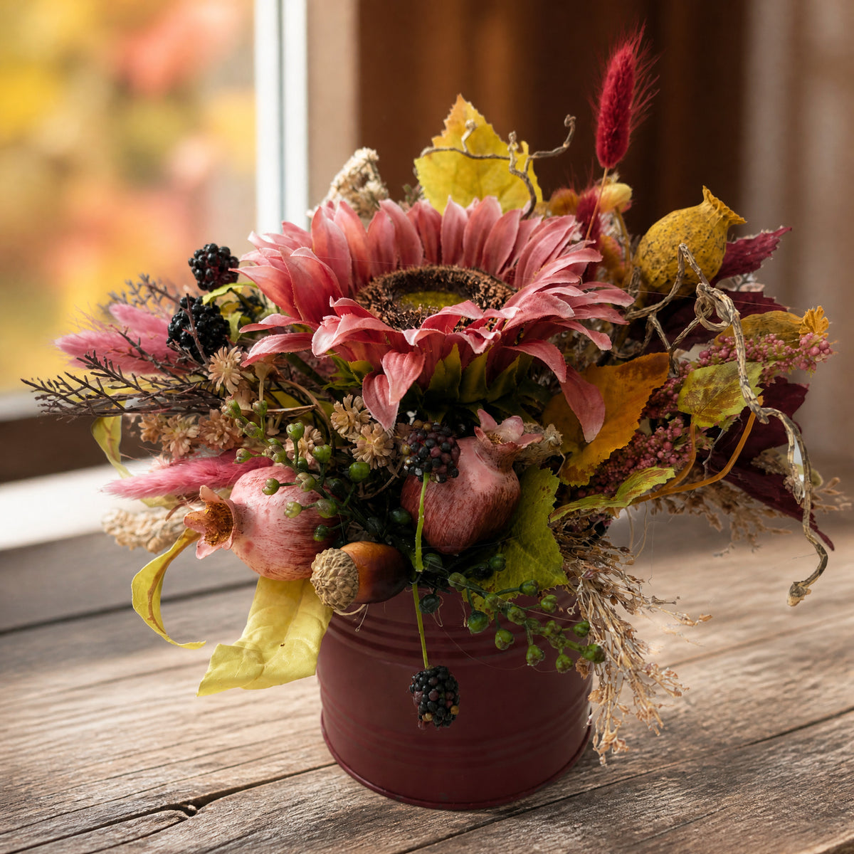 Szene Herbstgesteck Sonnenblume Granatapfel Brombeeren rosa dunkelrot