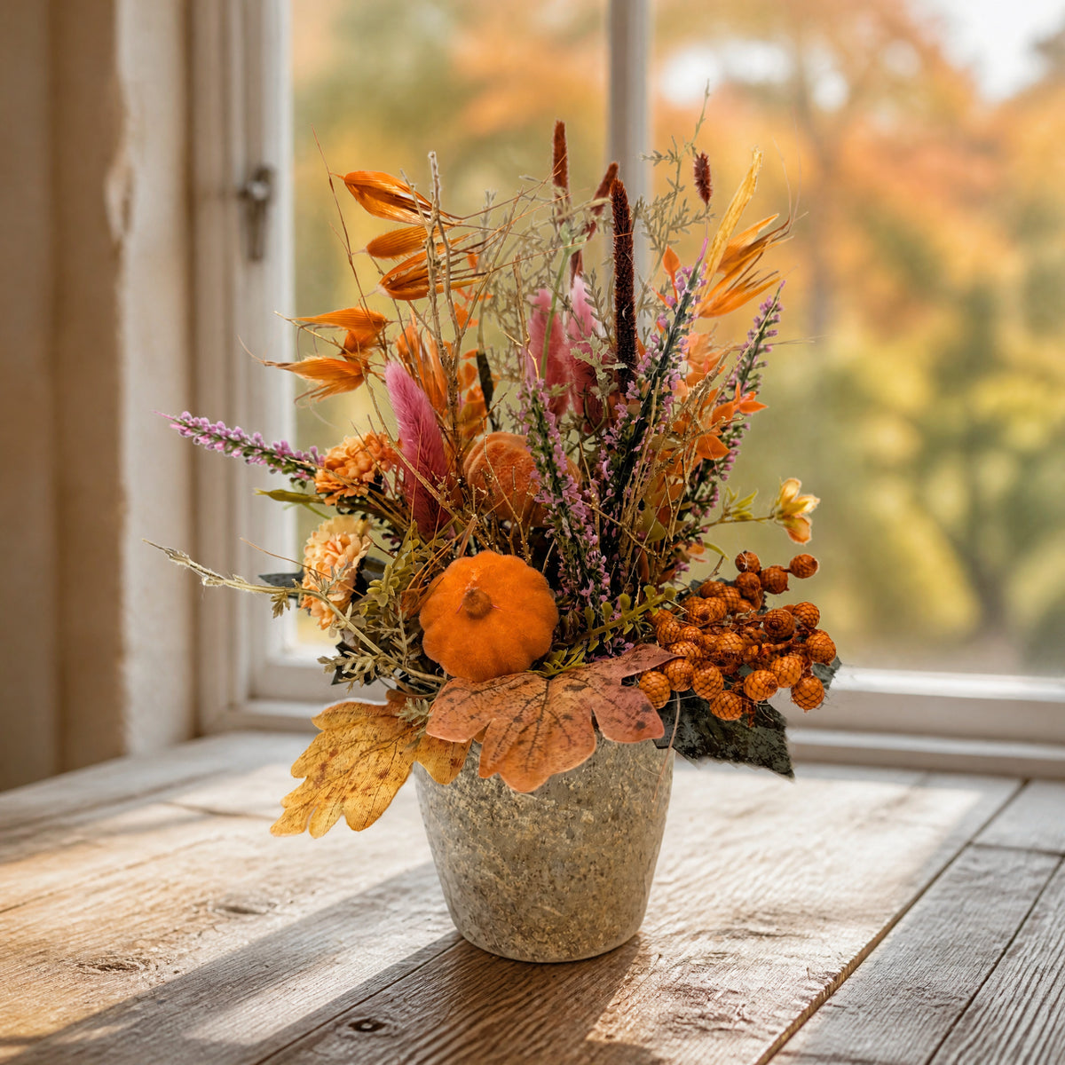 Szene Herbstgesteck Kürbis Heide Gräser orange rosa