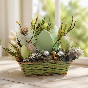 Szene Seidenblumengesteck Osterdeko Frühling Eier Schmetterling Gräser mint