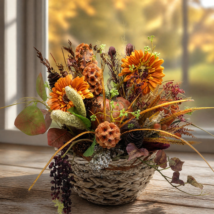Szene Herbstgesteck Kürbis Gerbera Beeren Gräser im Korb orange braun