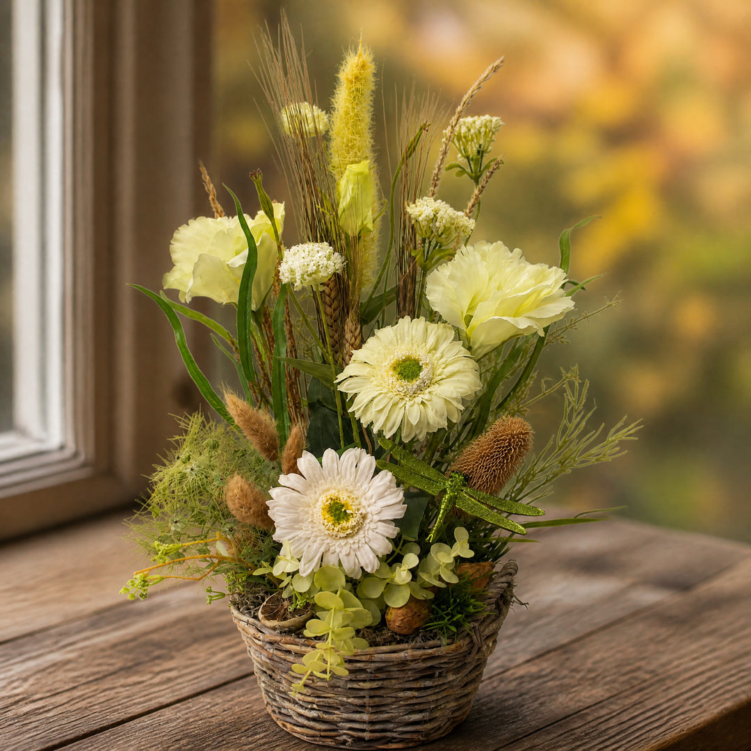 Szene Herbstgesteck Korb Gerbera Distel Gräser Libelle weiß grün