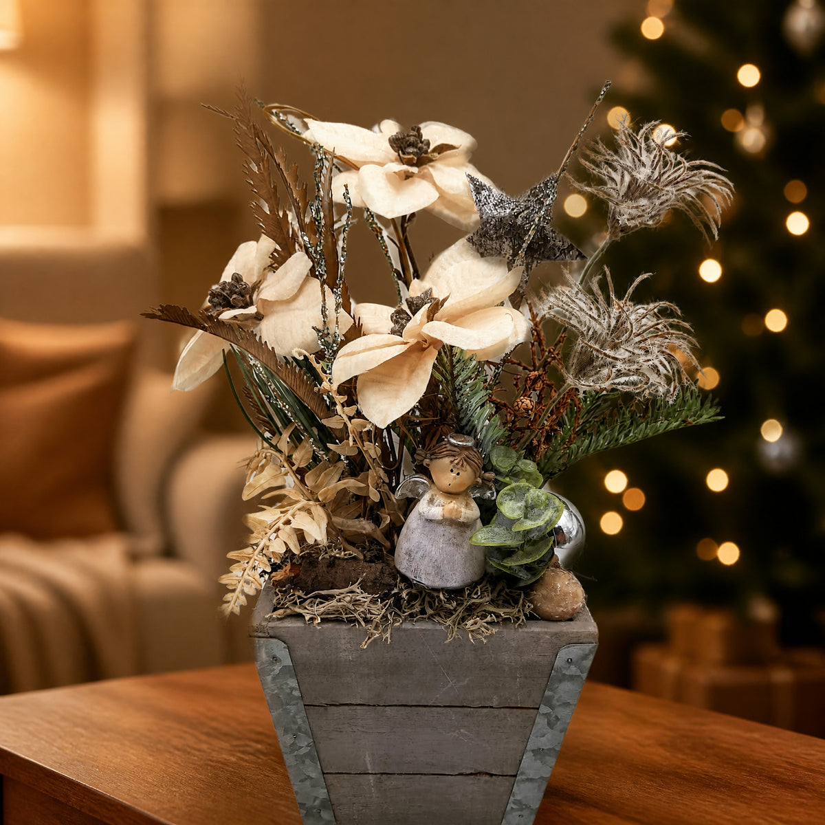 Szene Wintergesteck Schutzengel Stern Weihnachtsstern Tanne apricot silber