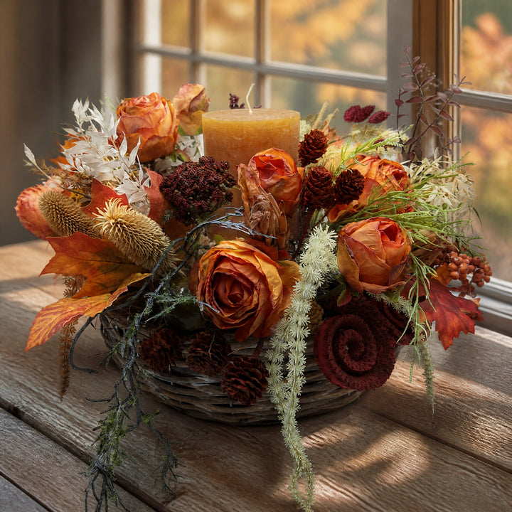 Szene Herbstgesteck Korb Kerze Rosen Zapfen Laub Beeren Gräser orange ocker