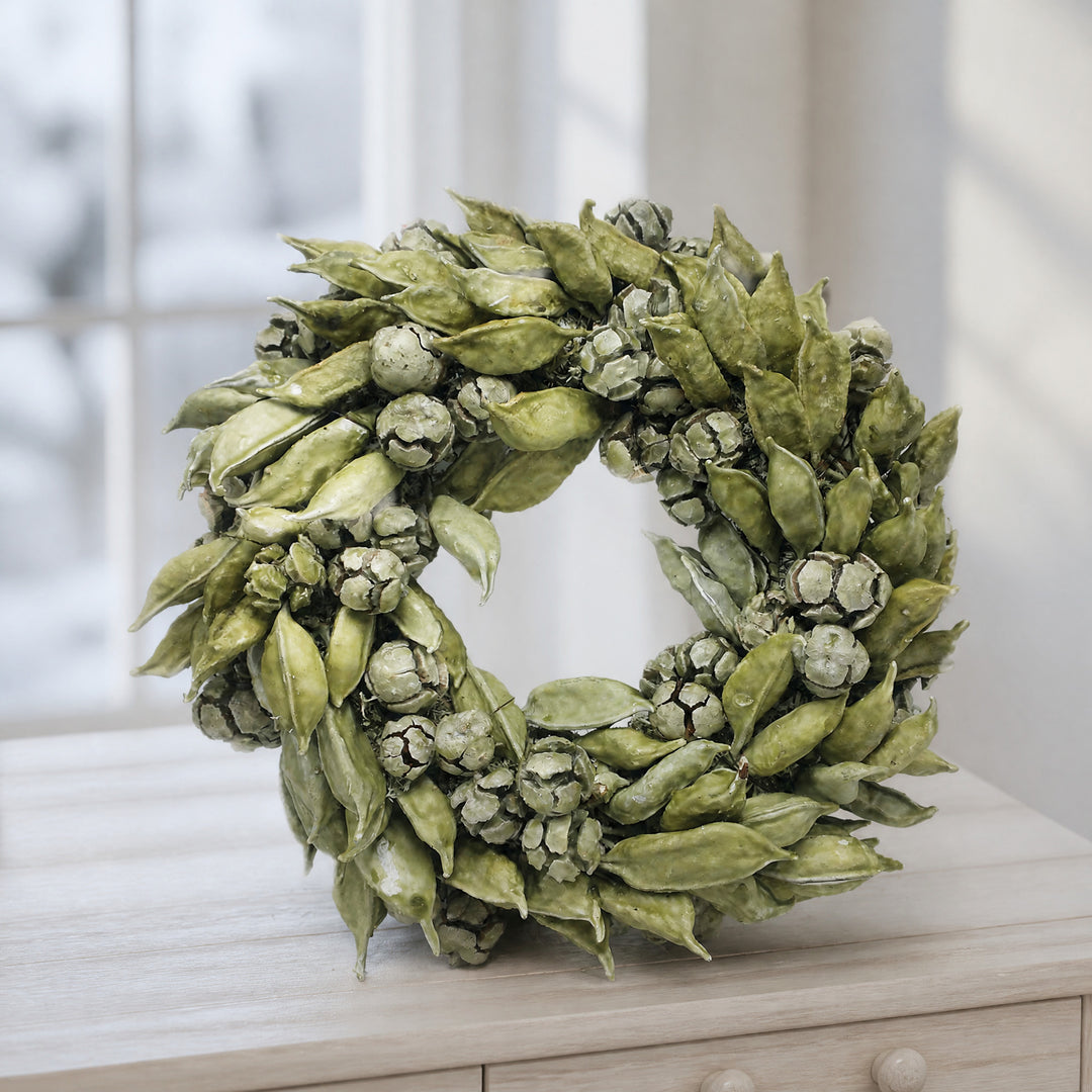 Szene Türkranz Türschmuck Wandkranz Winterkranz Tischkranz Zapfen Schoten grün