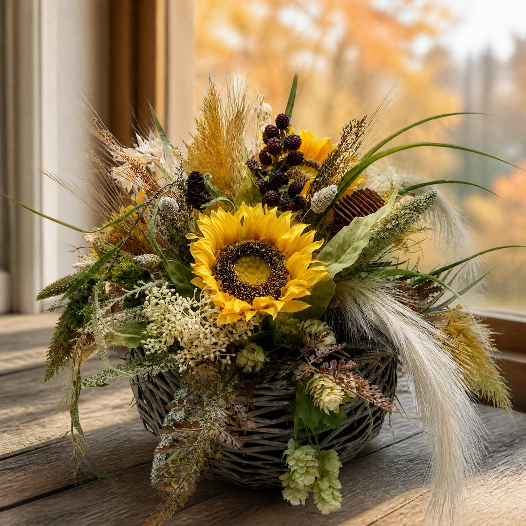 Szene Herbstgesteck Wandgesteck Sonnenblume Banksia Beeren Gräser gelb grün
