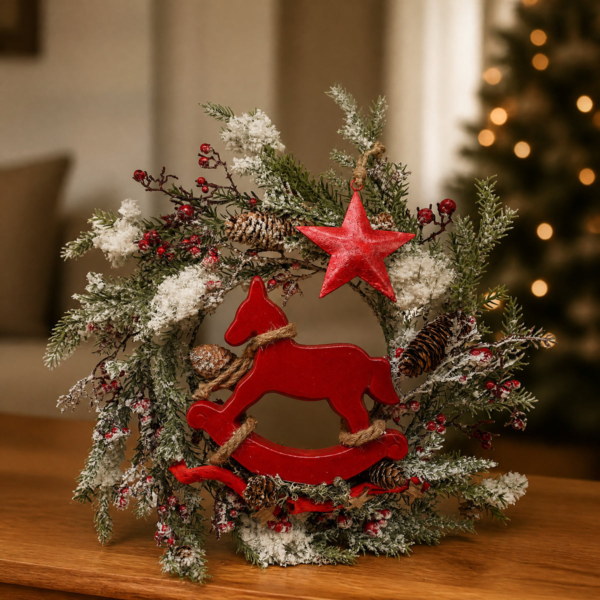 Szene Türschmuck Türkranz Winterkranz Schaukelpferd Stern Beeren Tanne rot