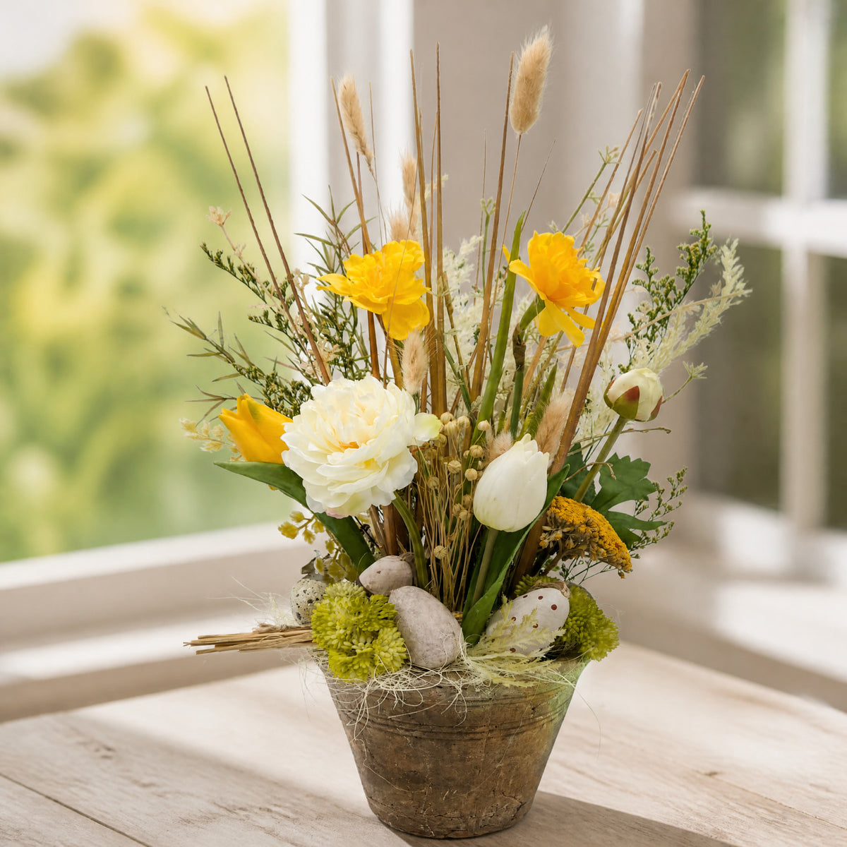 Szene Ostergesteck Tulpen Ranunkeln Eier Gräser weiß gelb