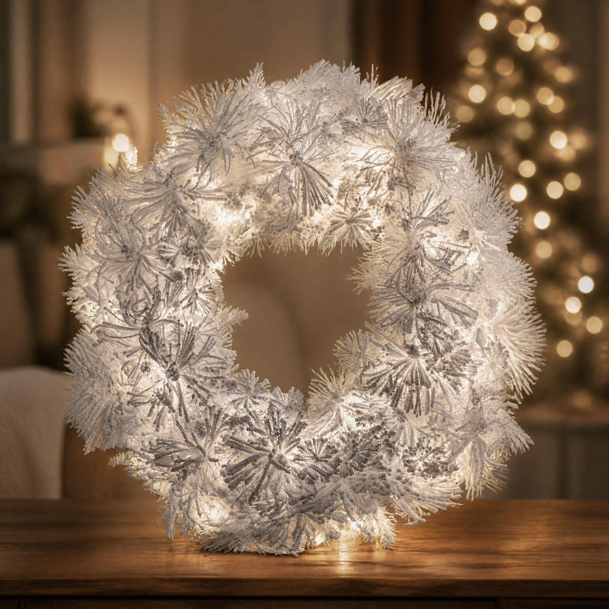 Szene Türschmuck Weihnachtskranz Türkranz Schneekranz beleuchtet weiß XL