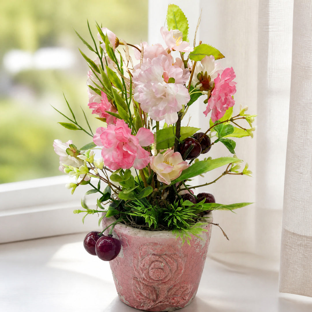 Szene Tischgesteck Kirschblüte Kirschen Gräser rosa grün