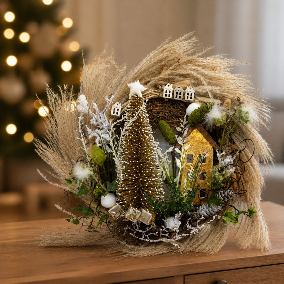 Szene Wandkranz Türkranz Weihnachtskranz Haus Tannenbäumchen Gräser gold natur