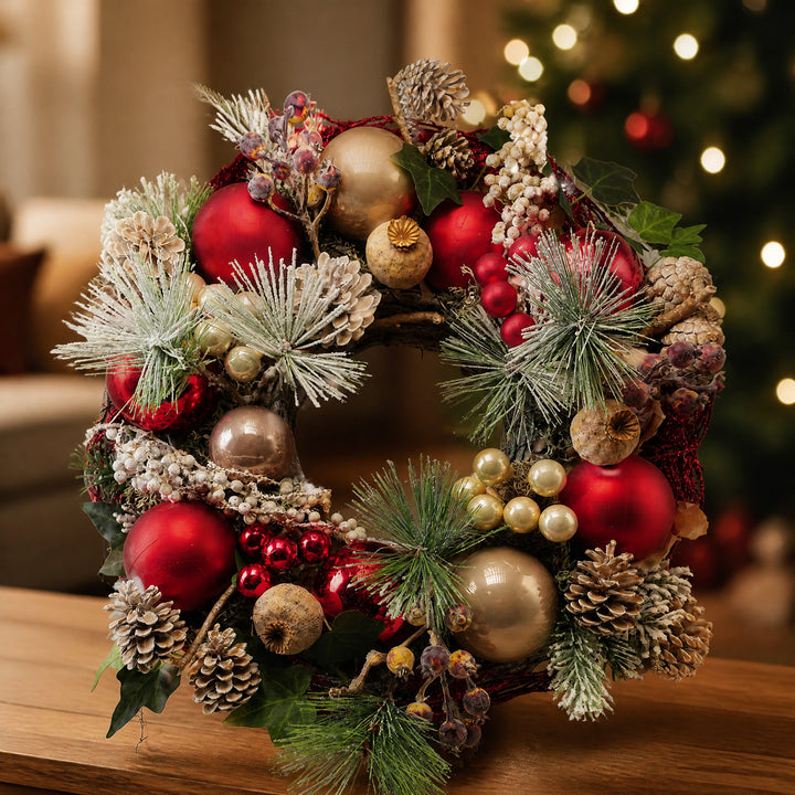 Szene Weihnachtskranz Kugeln Zapfen Kiefer Beeren rot creme XL