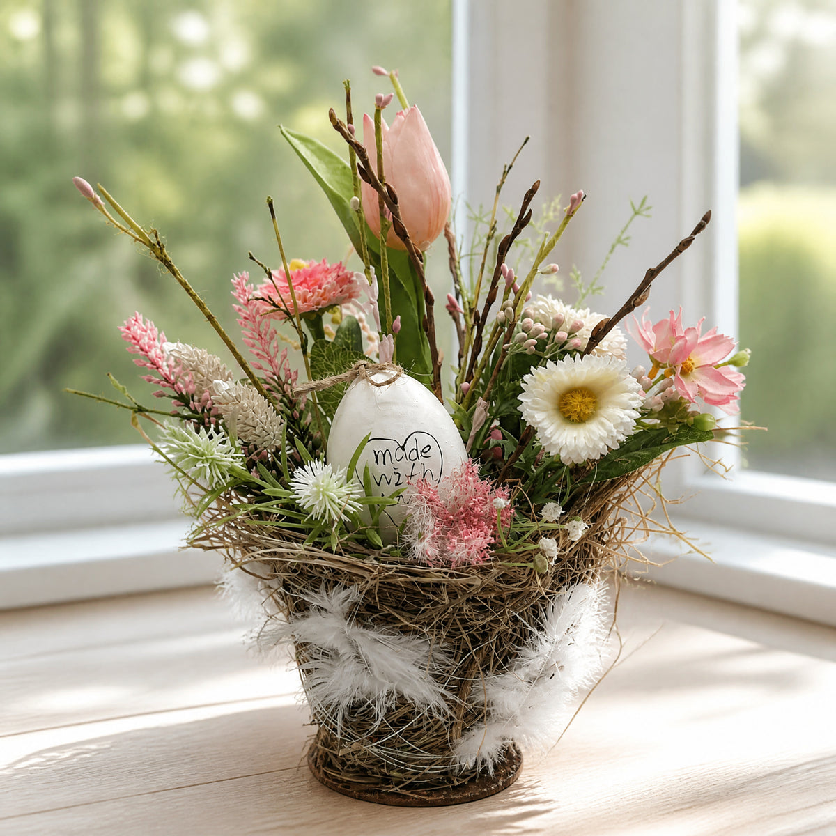 Szene Ostergesteck Frühlingsgesteck Tulpe Bellis Ei Blüten rosa weiß